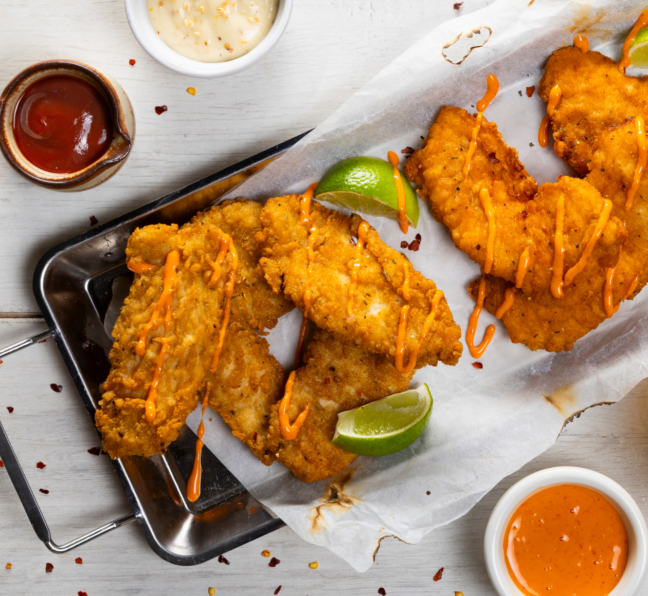 Crispy crumbed Machi chicken tenders on a tray with dipping sauces and lime
